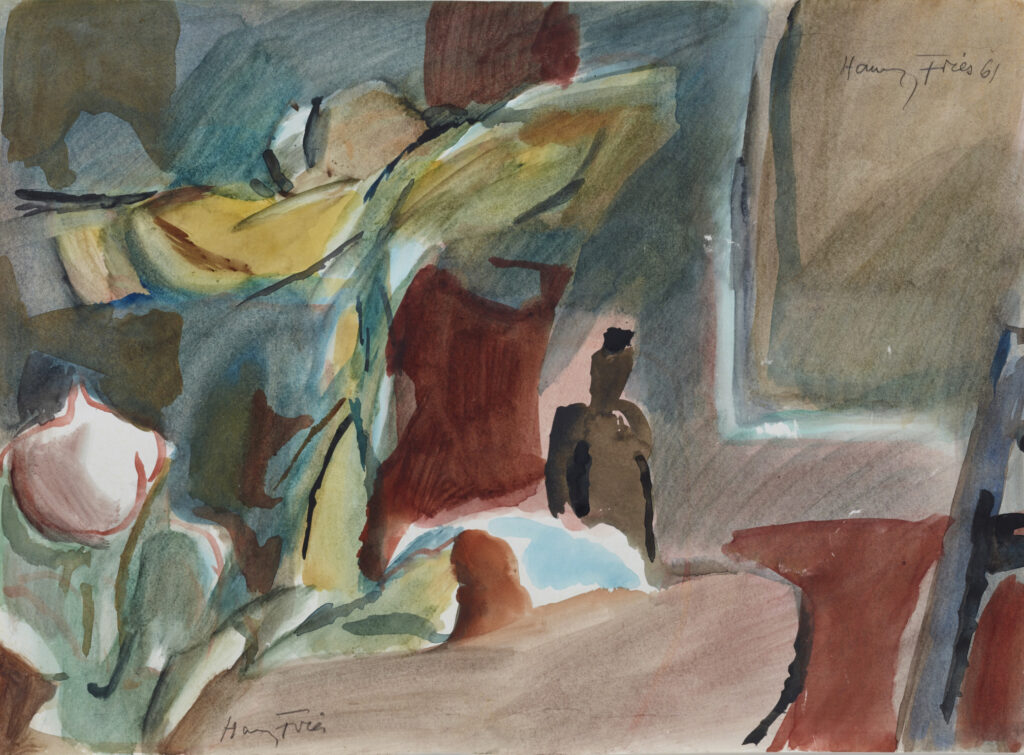 Hanny Fries: Ohne Titel [Fruchstschale mit Flasche], 1961, Aquarell auf Papier, Inv.Nr. HF 139. © Stiftung Righini-Fries, Zürich