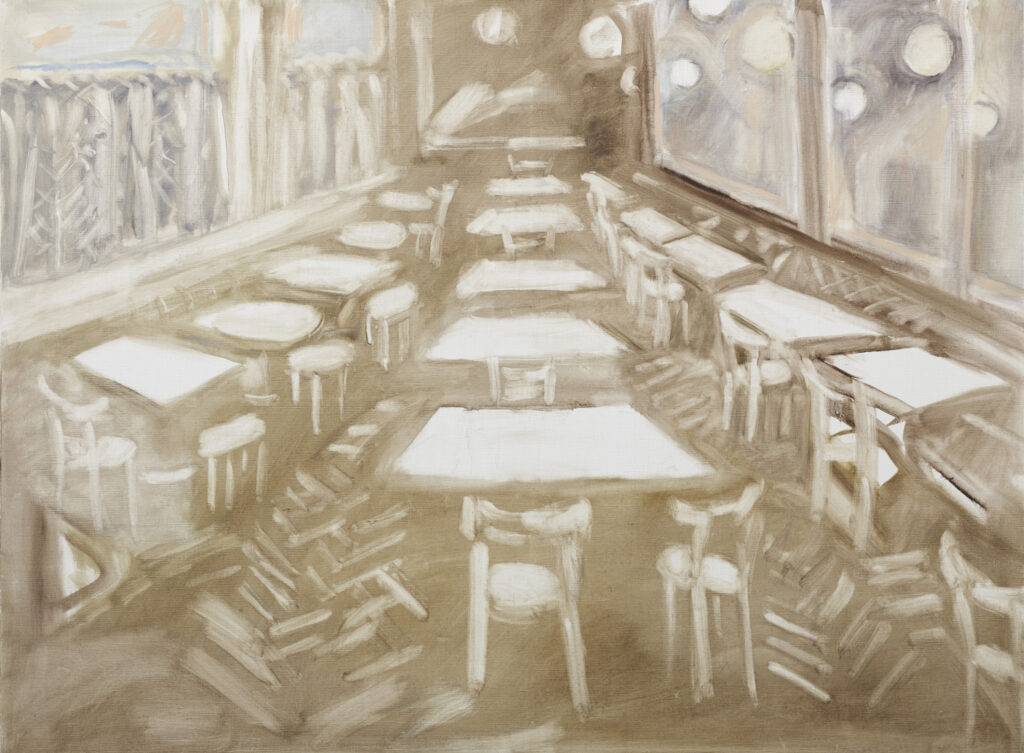 Hanny Fries: Café avec Figures absentes... [Ein Café in Triest II], 1999, Öl auf Leinwand, Inv.Nr. HF 71. Foto Reto Pedrini © Stiftung Righini-Fries Zürich