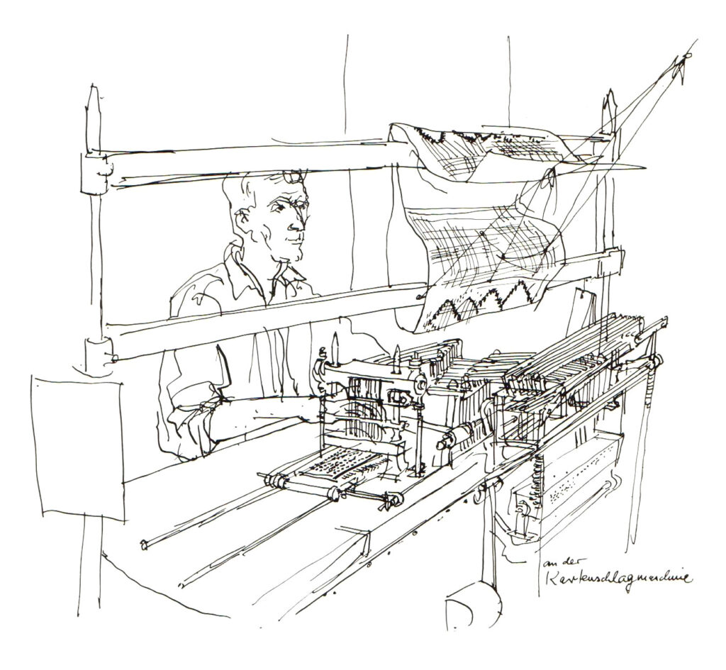 Hanny Fries: Illustration zur Seidenbandweberei. Erschienen in: Die Schweizerische Seidenbandindustrie. Sondernummer der Seidenband-Nachrichten Nr. 25, Herbst 1963. © Stiftung Righini-Fries Zürich